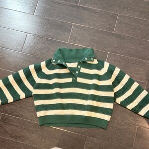 Elegant Striped V-Neck Sweater in Green and Cream